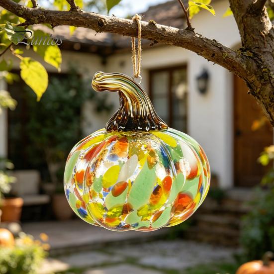 Cute Autumn Centerpiece Mini Hand Blown Glass Pumpkin Ornament, Collectible Thanksgiving Halloween Decoration Faux Crystal Hanging for Fall,