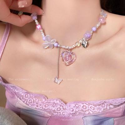 Contrasting Color Love Butterfly Beaded Necklace Girls Sweet Cool Babes Temperament Collarbone Chain Light Luxury Niche High-end Accessories