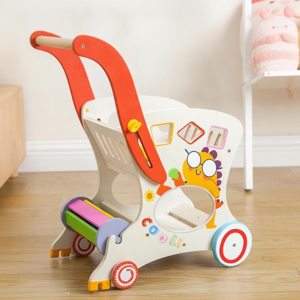 Wooden Infant Pusher Cart Cutout Openings Push Stacking Rings Play for Young