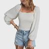 European-American Square Neck Long Sleeve Slim Fit T-Shirt: Women's New Spring Style Waist-Hugging Top