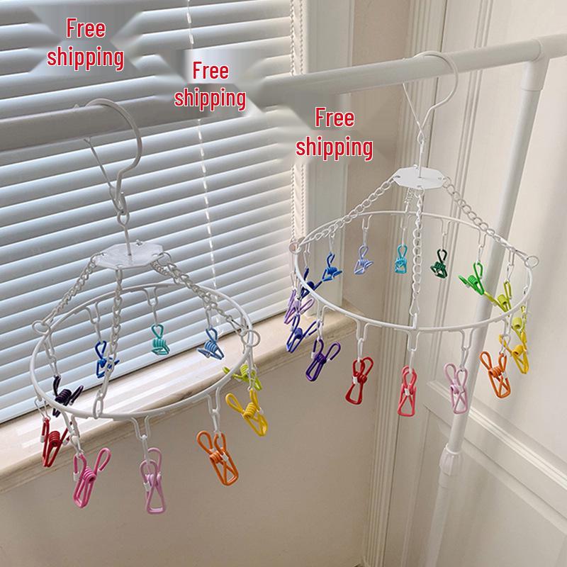 Colorful Rainbow Clothes Drying Rack with Multi-Clips - Windproof, Round, Ideal for Dorms, Balconies, Socks, and Children's Clothing