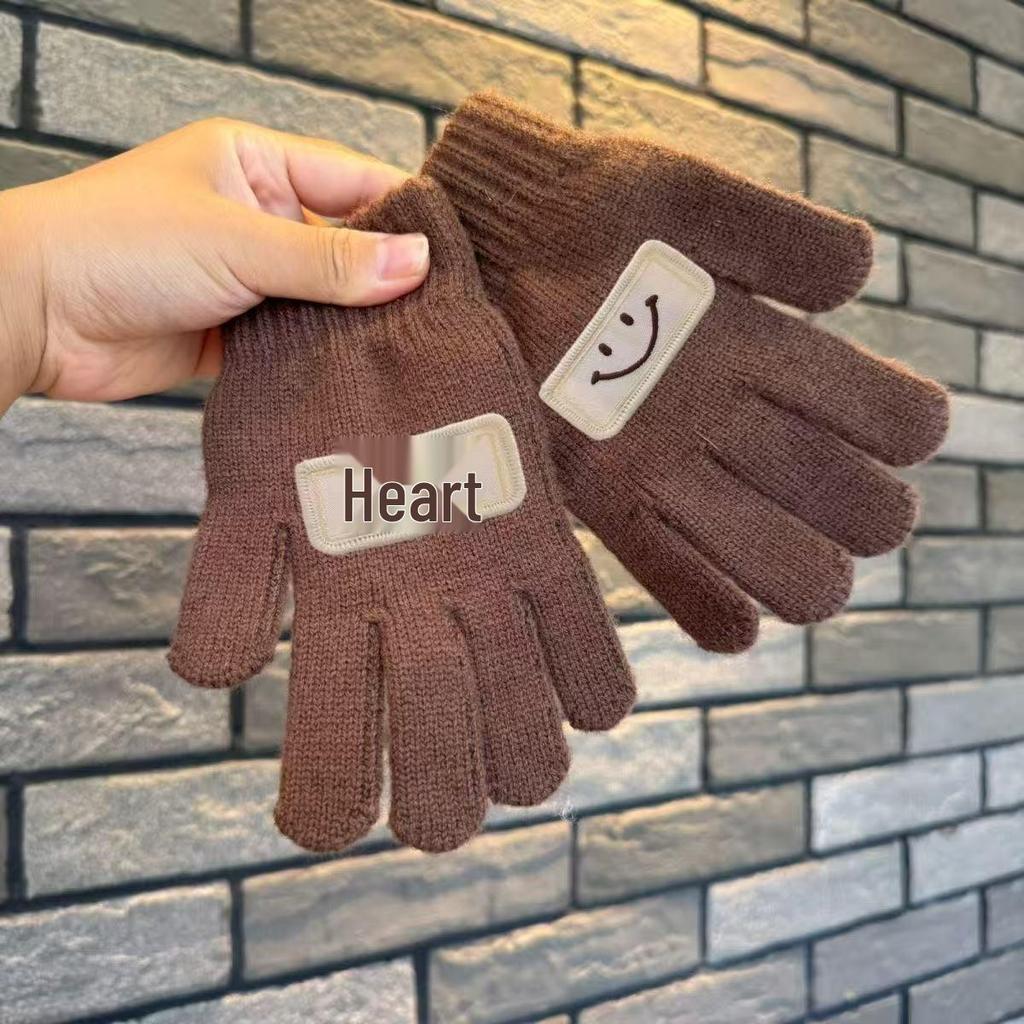Korean Style Kids' Woolen Knit Five-Finger Gloves with Smiley Face for Autumn/Winter Warmth