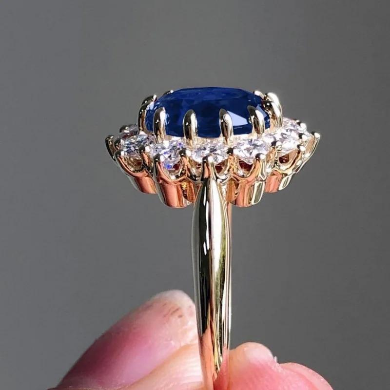 Exquisite Gold Color Oval Inlaid with Blue Zircon Women's Ring Classic Fashion Engagement Wedding Ring Woman Jewelry