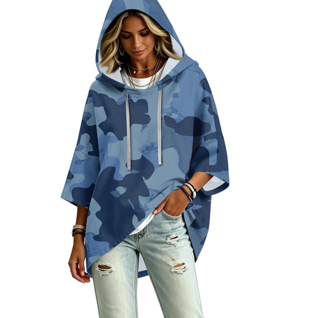 Women's Print Three-Quarter Sleeve Hooded Pullover Top Casual Fashion