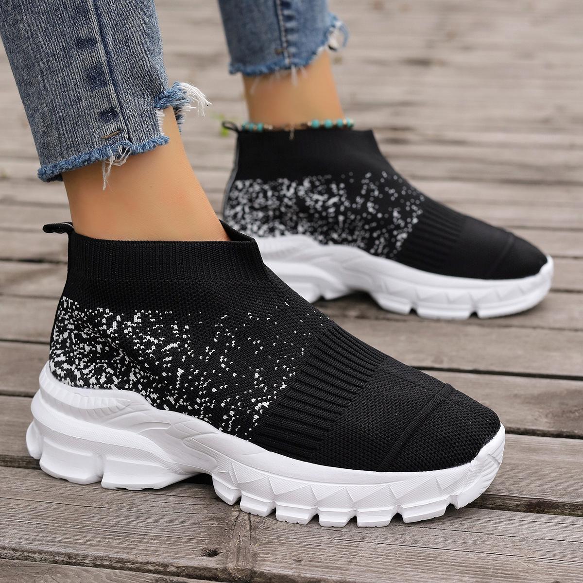 

Осенние новые спортивные туфли большого размера женские с круглым носком, стразами, на толстой подошве, из летучего трикотажа, повседневные женские туфли на одной педали 43 чёрный