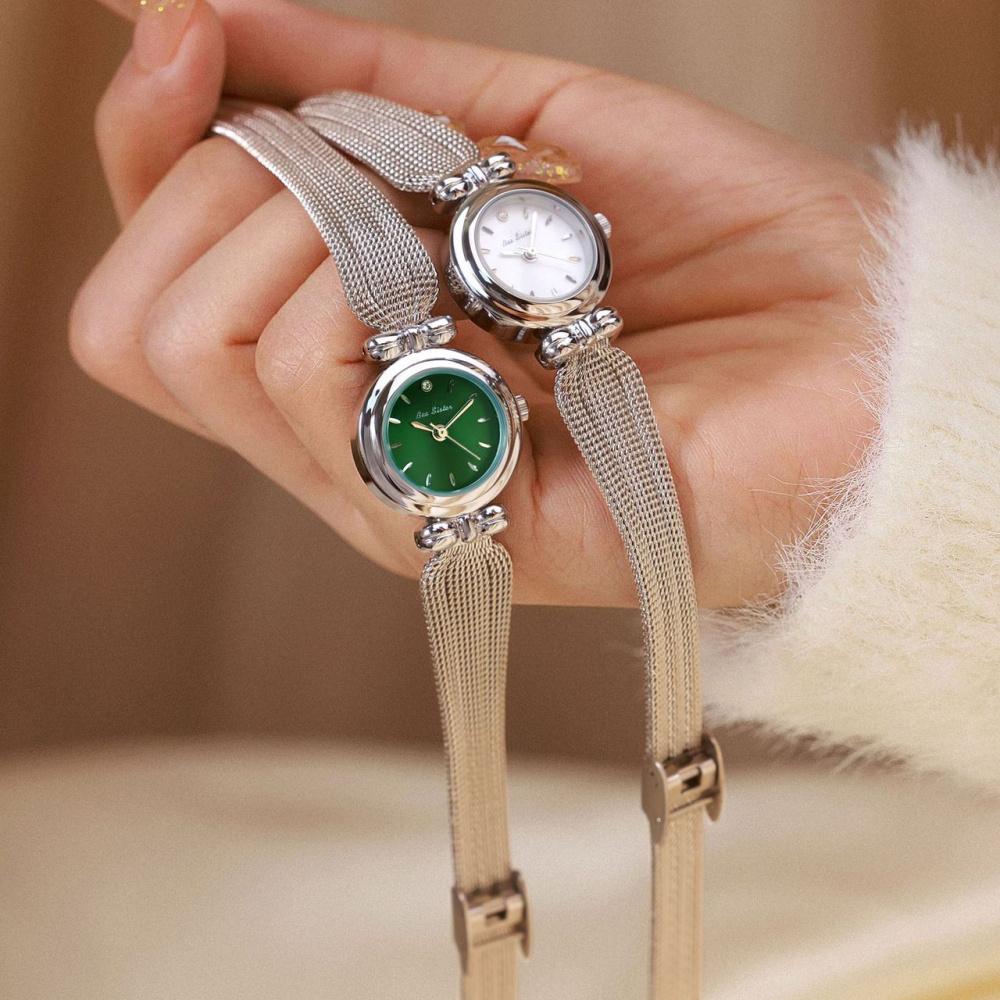 Mini Bowknot Mesh Band Women Quartz Watch, Small Round Dial Light Luxury Alloy Ladies Dress Wrist Watch with Shell Sunray Dial