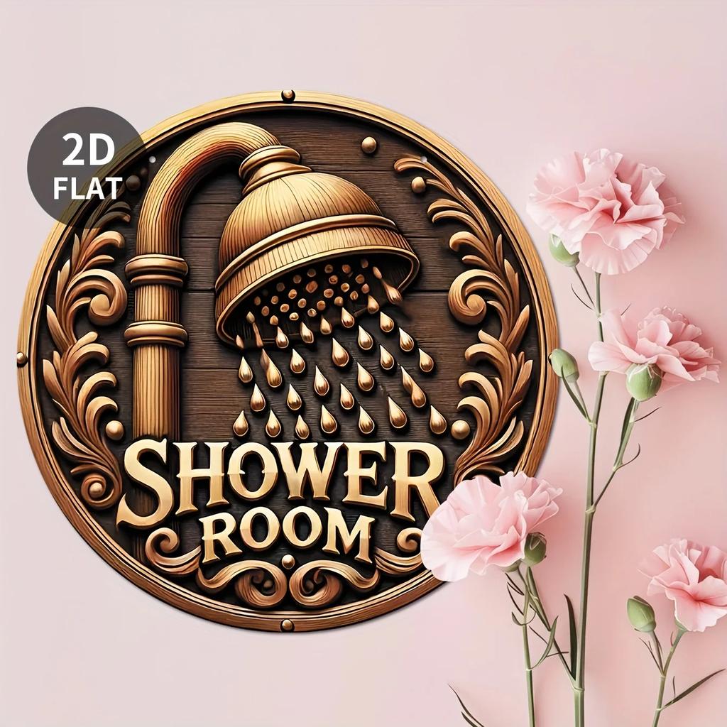 Highdefinition Metal Tin Sign Vintage D Effect Shower Room Round Wall Art Ornate Golden Bathroom Decor for Home Spa