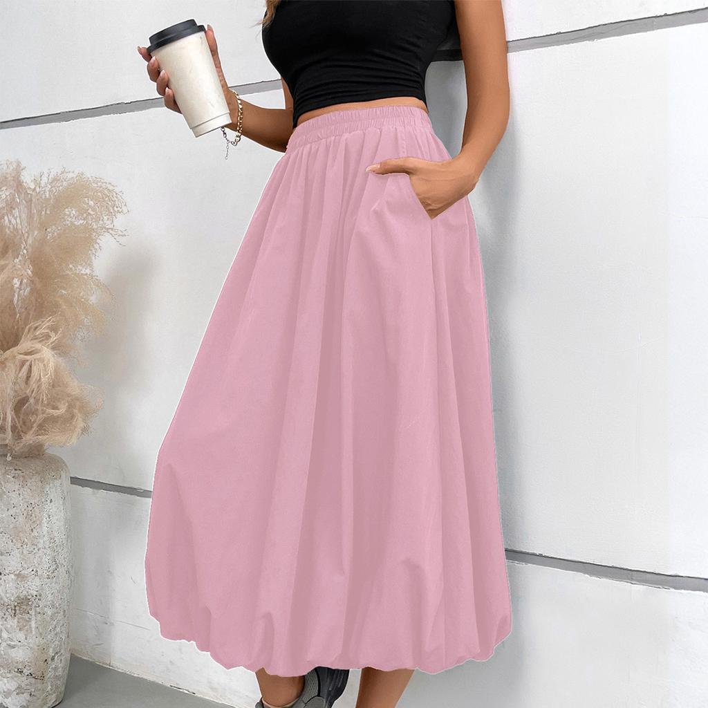 Damen Maxirock A-Linie mit hoher Taille und Taschen Elastischer Bund Lockere Passform Lässiger Langer Rock für den Alltag