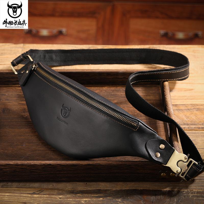 Retro Crazy Horse Leather Waist Bag, European and American Trendy Genuine Leather Men s Bag