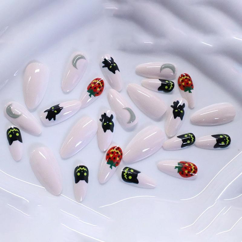 Nail Art Halloween Cute Black Cat Moon Pumpkin Long Almond Wearing Nail Pads