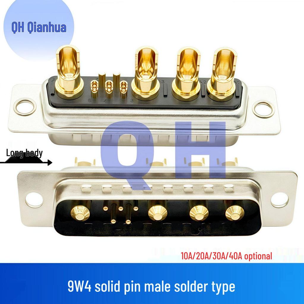 Gold-Plated 9W4 Male/Female Solid Pin High Current D-Sub Connector, Solder Type Plug