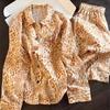 Korean Version of High-end Khaki Leopard Print Girl Pajamas Spring and Autumn Long-sleeved Trousers Suit Student Dormitory Loungewear