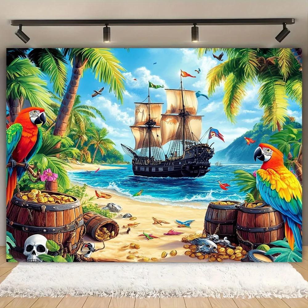 Pirate Ship Parrot Gold Coin Docking Style Party Background Adult and Children's Birthday Party Decoration Photography Backdrop
