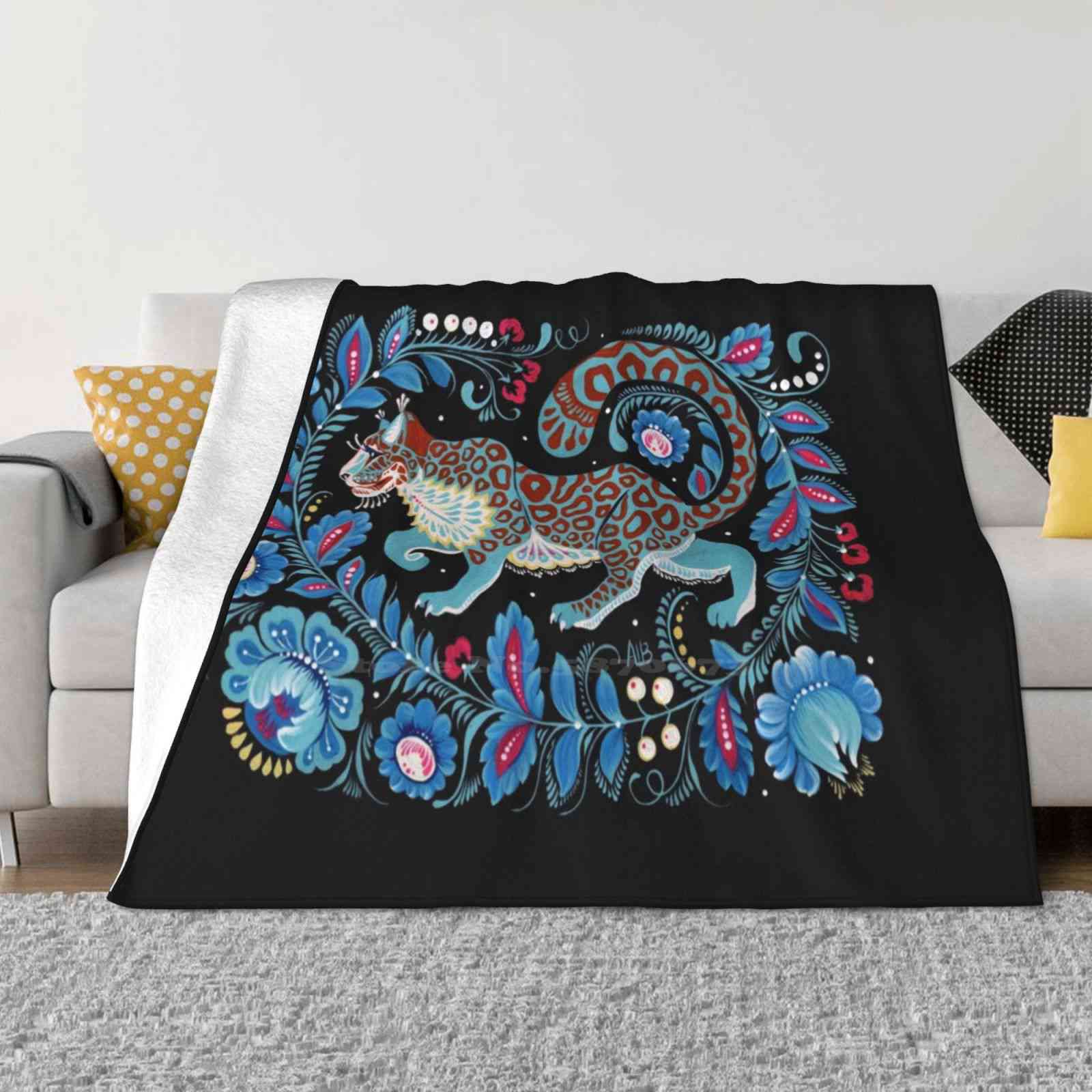 Snow Leopard Folk Art Trend Style Funny Fashion Soft Blanket Folk Snowleopard Snow Leopard Gouache Blue Petrykivka Wild Cat 30x40in