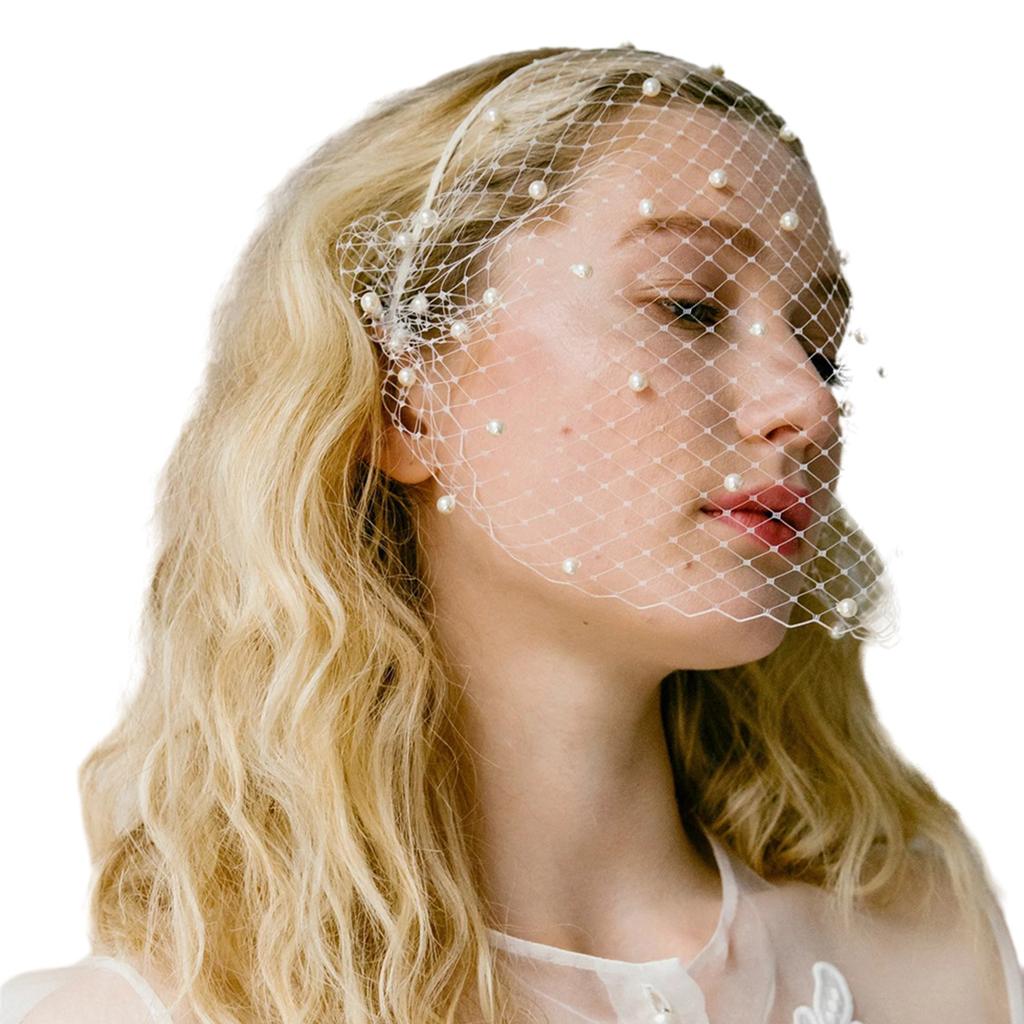 Beadwork Wedding Forehead Veil Headband Short Bridal Veil Wedding Event Headpiece for Bride Puff Veil for Engagement