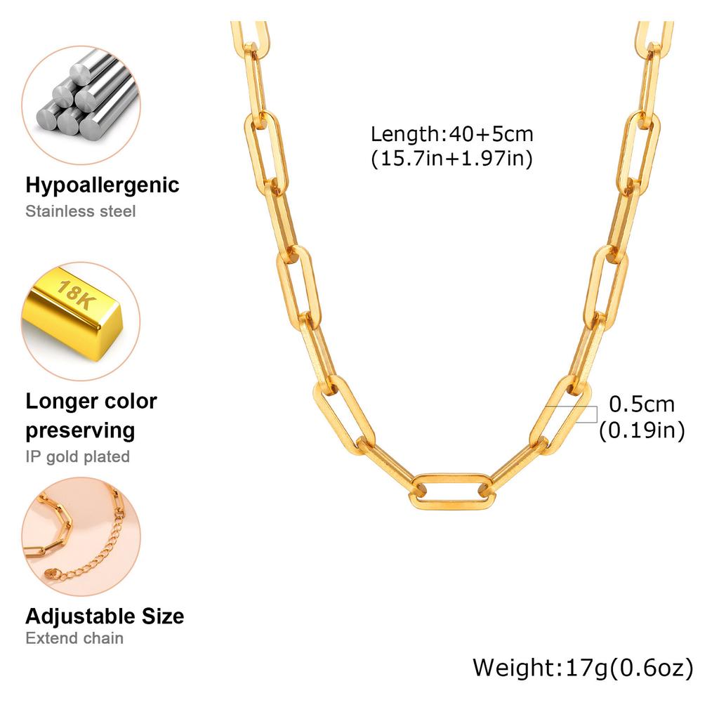 Gold Plated Stainless Steel Paperclip Chain Necklace For Women, Adjustable Rectangle Link Layering Choker Waterproof Jewelry