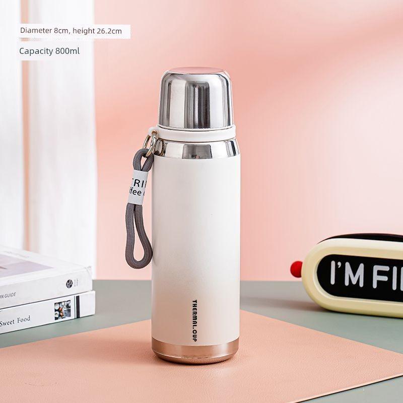 Light Luxury and Stylish 316 Stainless Steel Large-Capacity Thermos Cup, Fashionable Outdoor Portable Water Bottle with Strap, Student Travel Cup Gradient White 600ml(316 Stainless Steel Liner)