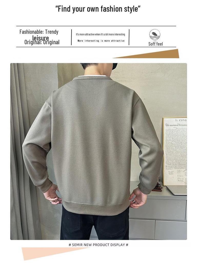 Men's Two-Piece Look Heavyweight Long Sleeve Hoodie 2025 Spring/Autumn Round Neck Base Shirt