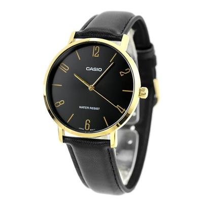 Standard Analog Watch MTP-VT01GL-1B2 Men's Black Leather Band, Simple Everyday 3-Hand Quartz Design