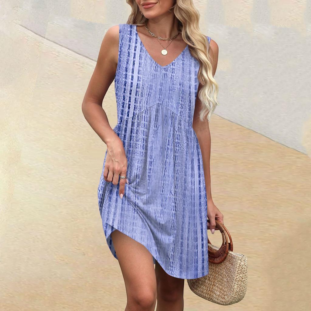 Women's Summer V-neck Casual Beach Vacation Style Vintage Print Sleeveless Splicing Dresses