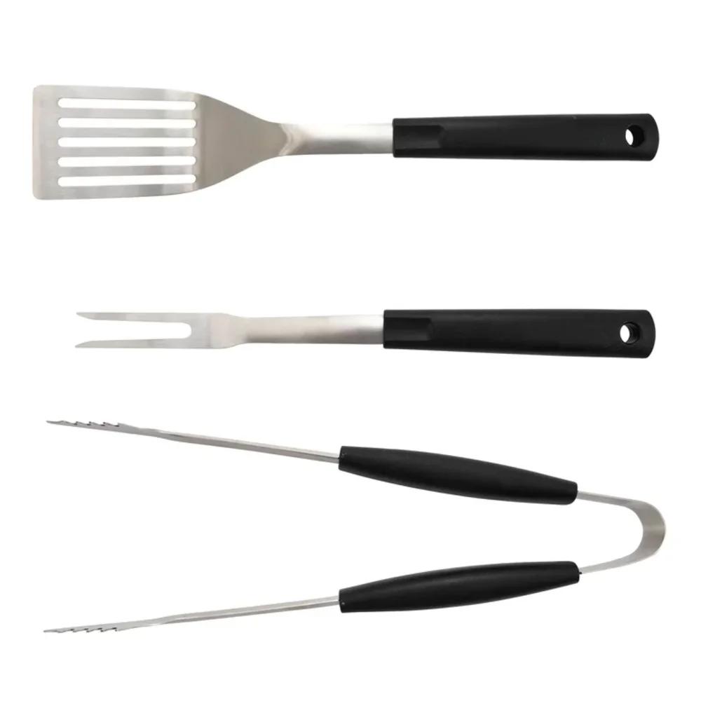 3 Piece Stainless Steel BBQ Grill Set Fork Tongs Spatula Durable Non Slip Handles Perfect Summer Cookouts