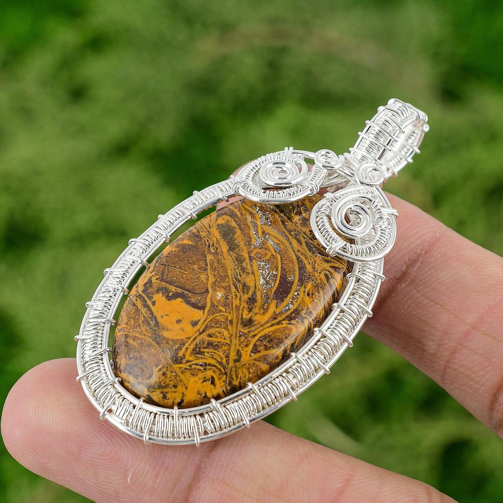 Daughters Day Deal Natural Mariam Jasper Wire Wrap Pendant Jewelry 925 Silver