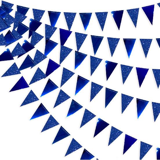 30Ft Navy Blue Gold and Beige Party Decorations Royal Blue Gold Triangle Flag Pennant Banner Bunting for Graduation Birthday Wedding Bridal Shower