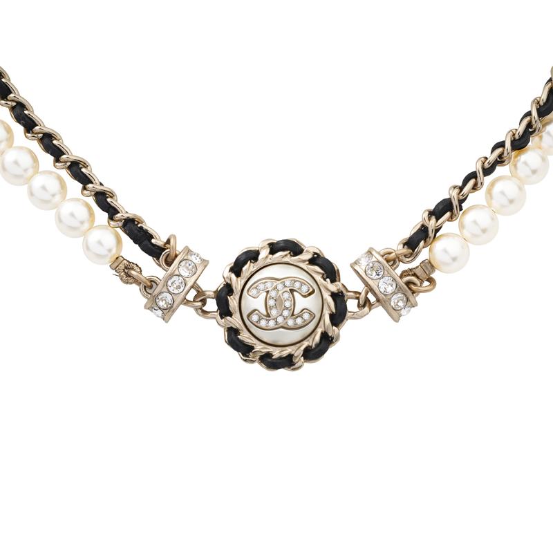 CHANEL Lambskin Pearl Sheepskin Chain Rhinestone Decorated Double Layer Metal Necklace Women's