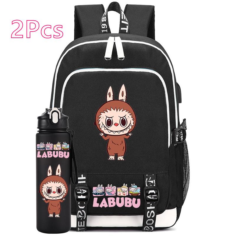 2Pcs/set Anime Cute Printed Backpack with Water Bottle Student Boy Girl Schoolbag Large Capacity Waterproof Bookbag Kid Gift