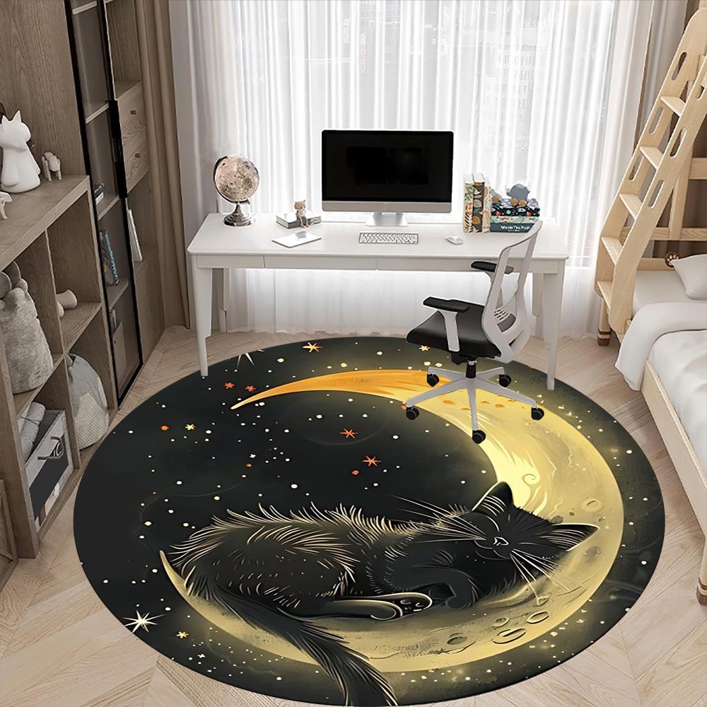 1PC Moon Cat Office Round Area Rug, Mat Suitable For Office, Under Office Chairs Bedroom Living Room Home Decor, Room Deco