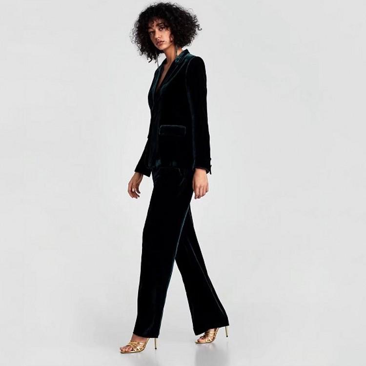 Autumn/Winter Dark Green Velvet One-Button Blazer for Women
