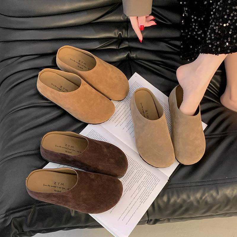 Retro matte leather lazy one-pedal Boken slippers women's 2024 autumn new non-slip casual bag head half slippers