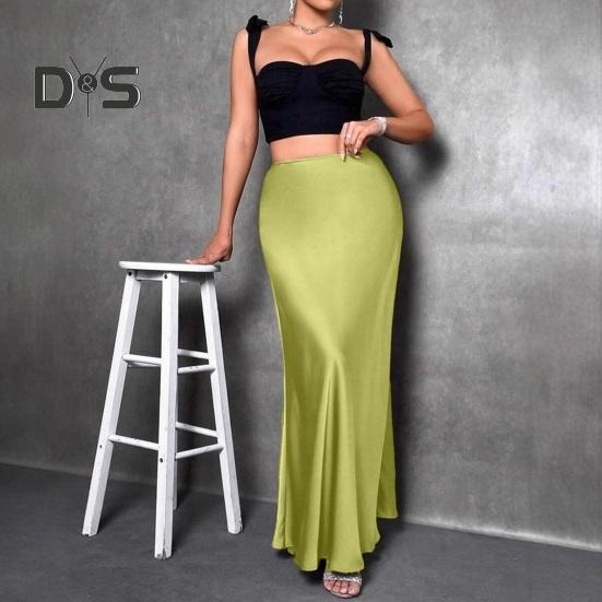 Women Fishtail Skirt High Waist Solid Color Smooth Surface A-Line Maxi Skirt Work Leisure Daily Wear