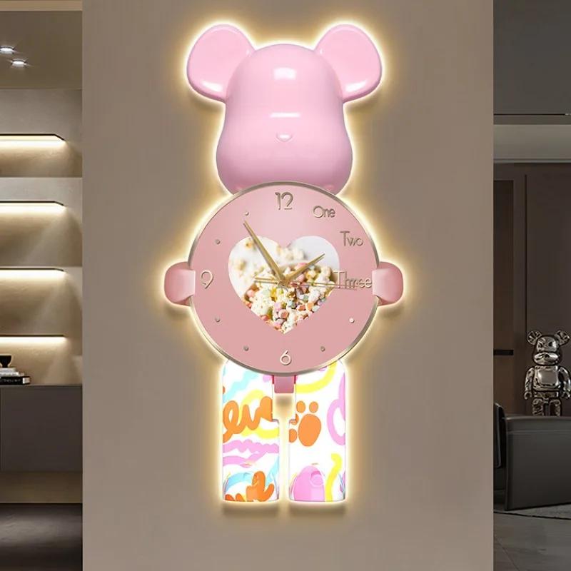 Modern Light Wall Clock Bear Large Led Clocks Wall Home Decor Crystal Silent Wall Watch Interior Lamp Living Room Decoration