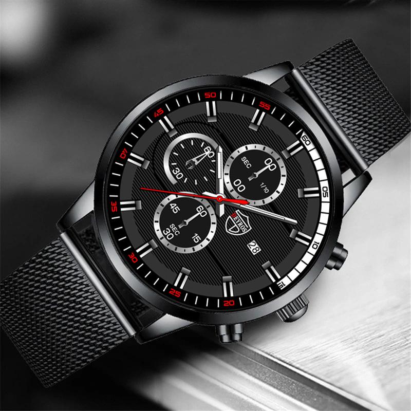 Fashion Men's Casual Watch Man Stainless Steel Mesh Band Wristwatch Mens Calendar Quartz Watches Bracelet Neckalce Set Date Clocki