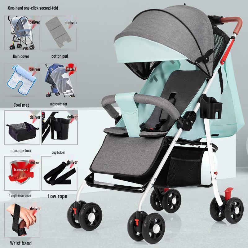 Lightweight Foldable Stroller: Sit or Lie Position, Four-Wheel Design, One-Key Fold for Kids and Babies.
