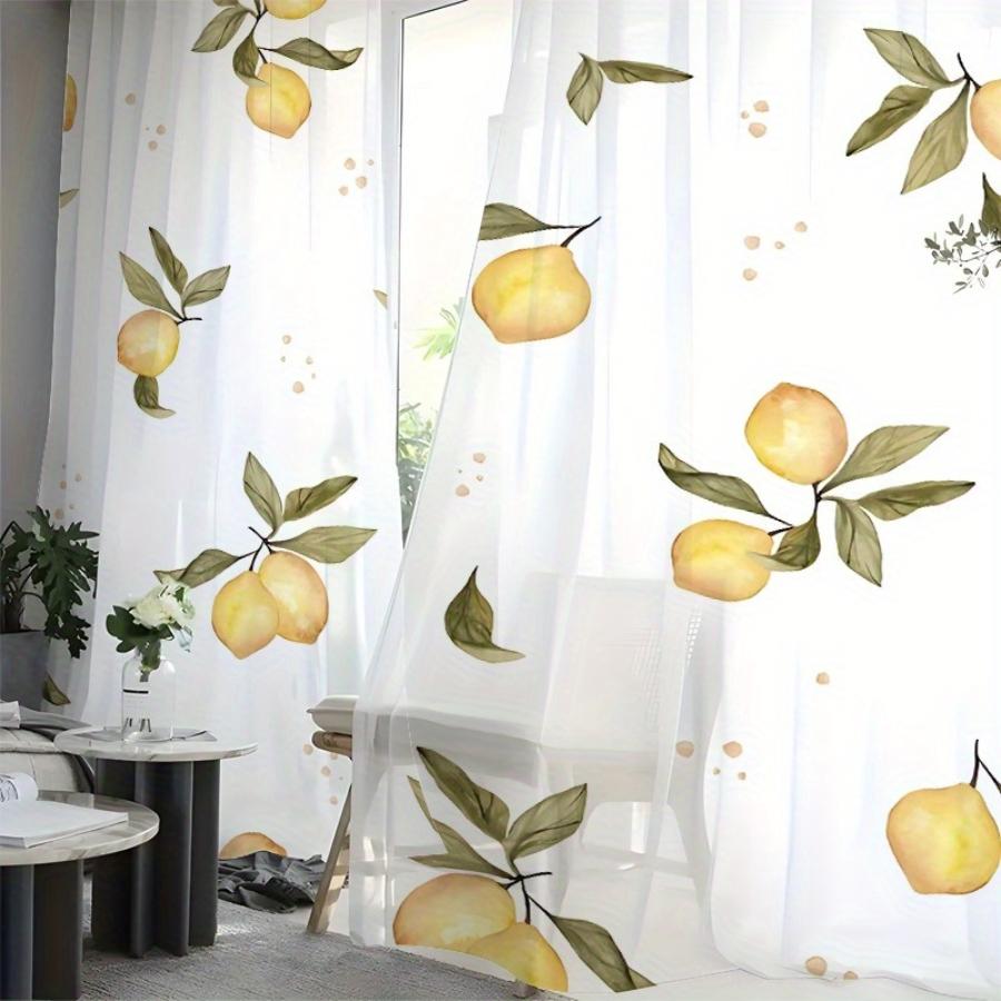 2PCS Digital Printed Sheer Curtain, Fresh Lemon Citrus Print, Bright Summer Zesty Fruit for Living Room Bedroom Home Decor