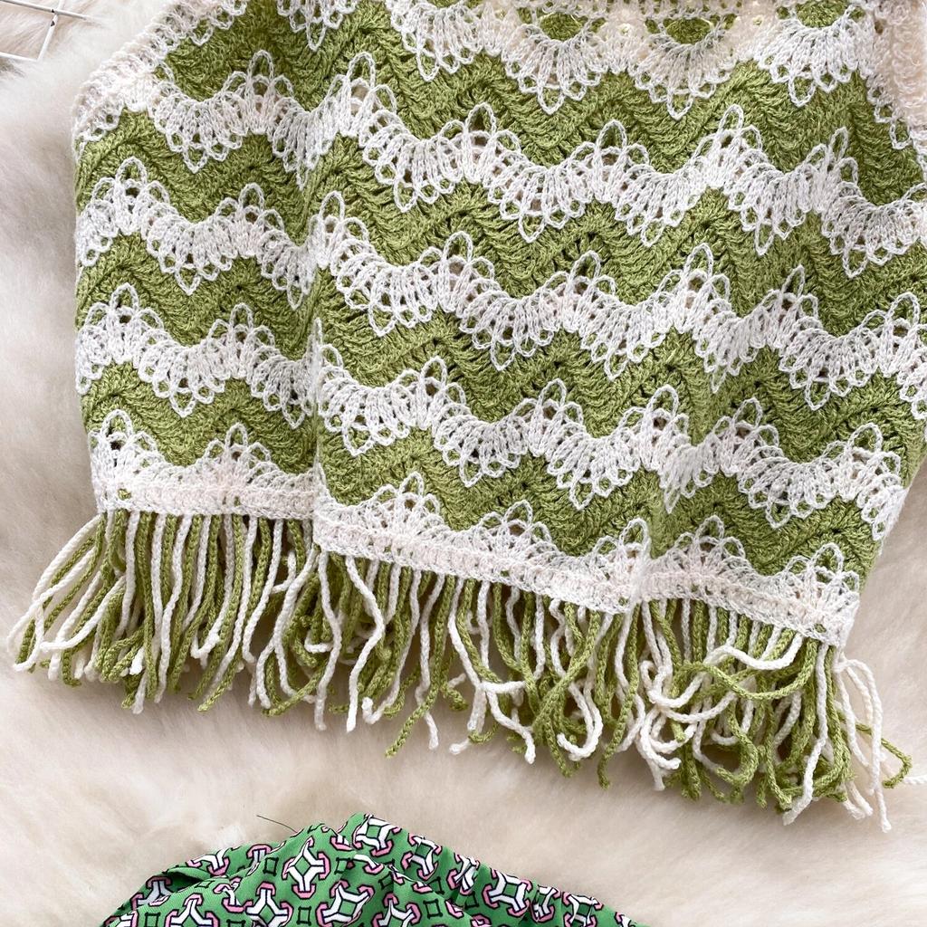 Bohemian Seaside Holiday Sle Zweiteiliger Anzug mit Wellenmuster, Camisole-Ärmel, vielseitiges, geschlitztes Hosenset mit weitem Bein