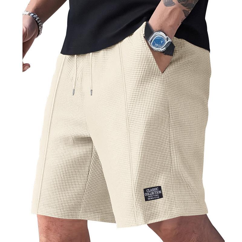 Herren Waffelstrick Kordelzug Taille Freizeitshorts Kleines Etikett Einfarbig Sport Shorts