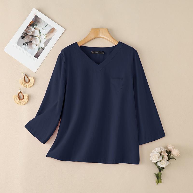 

ZANZEA Women Casual V-Neck Loose 3/4 Sleeve Cotton Blouse S Темно-синій