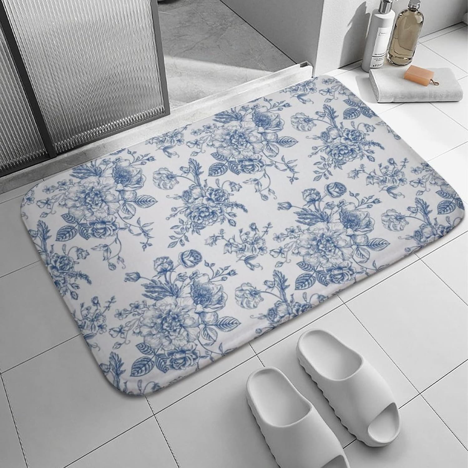 

Синий цветочный коврик для ванной в стиле шинуазри, 24x16 дюймов и 30x17 дюймов, Современный, Нескользящий, Водостойкий, Для помещений