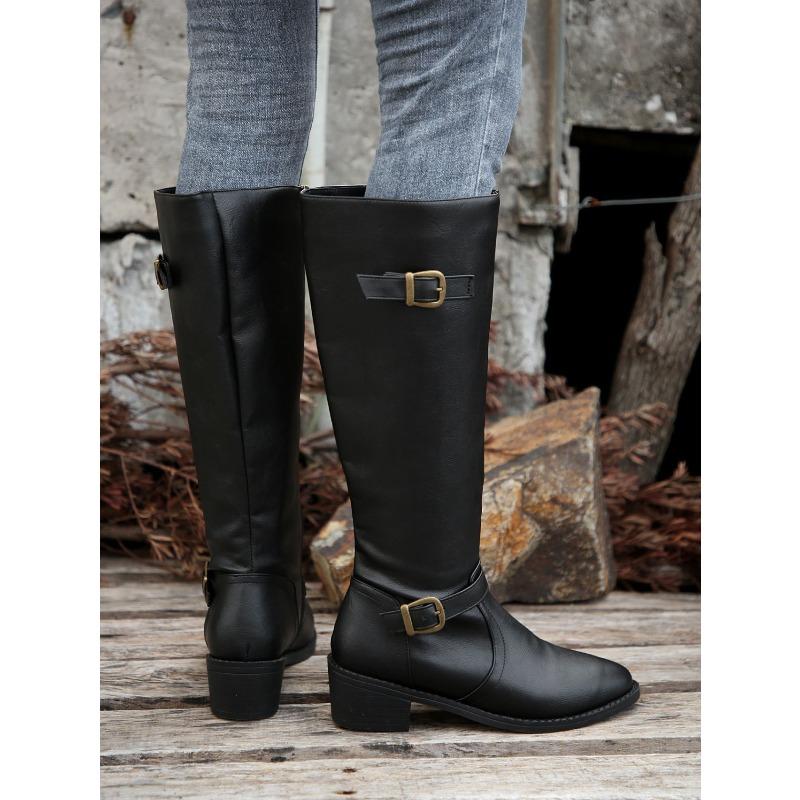 Pointed Buckle Knight Boots Winter 2025 New Plus Size Vintage Block Heel Boots