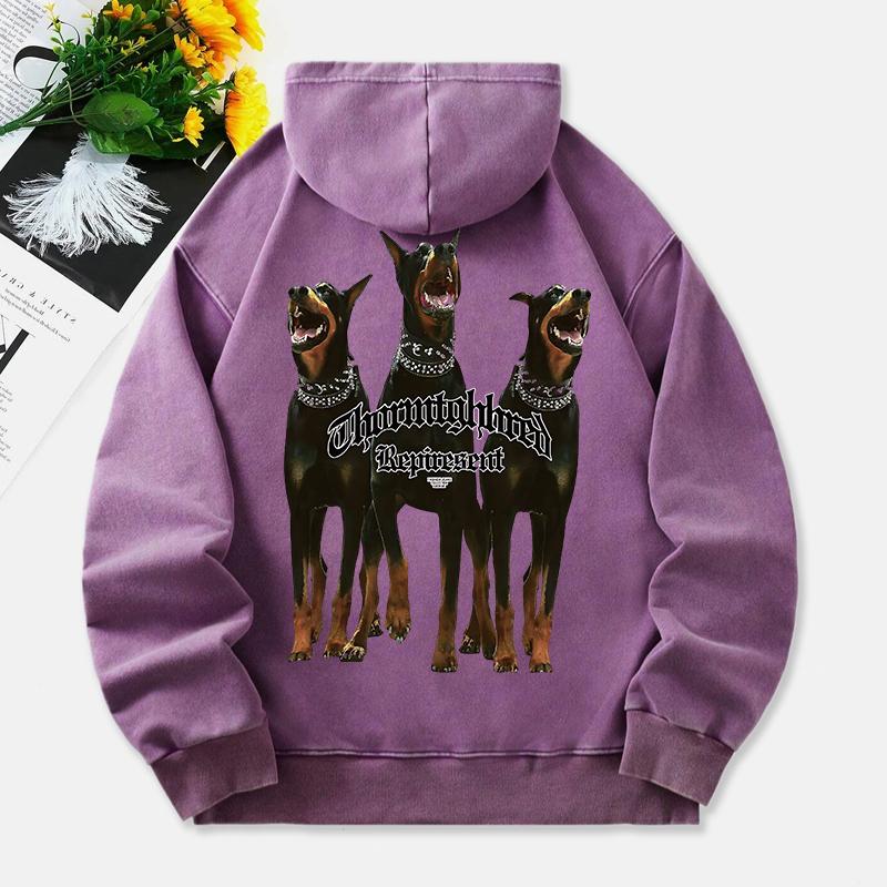 Dobermann Pinscher Gewaschene Hoodies Damen 3 Hunde Druck Baumwolle Streetwear Übergröße Tasche Warm Damen Kleidung