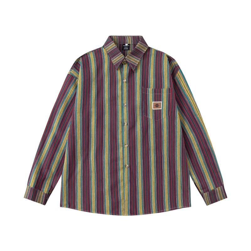 American Retro Striped Long Sleeve Shirt Loose Casual Button Up Top Men Women Teens