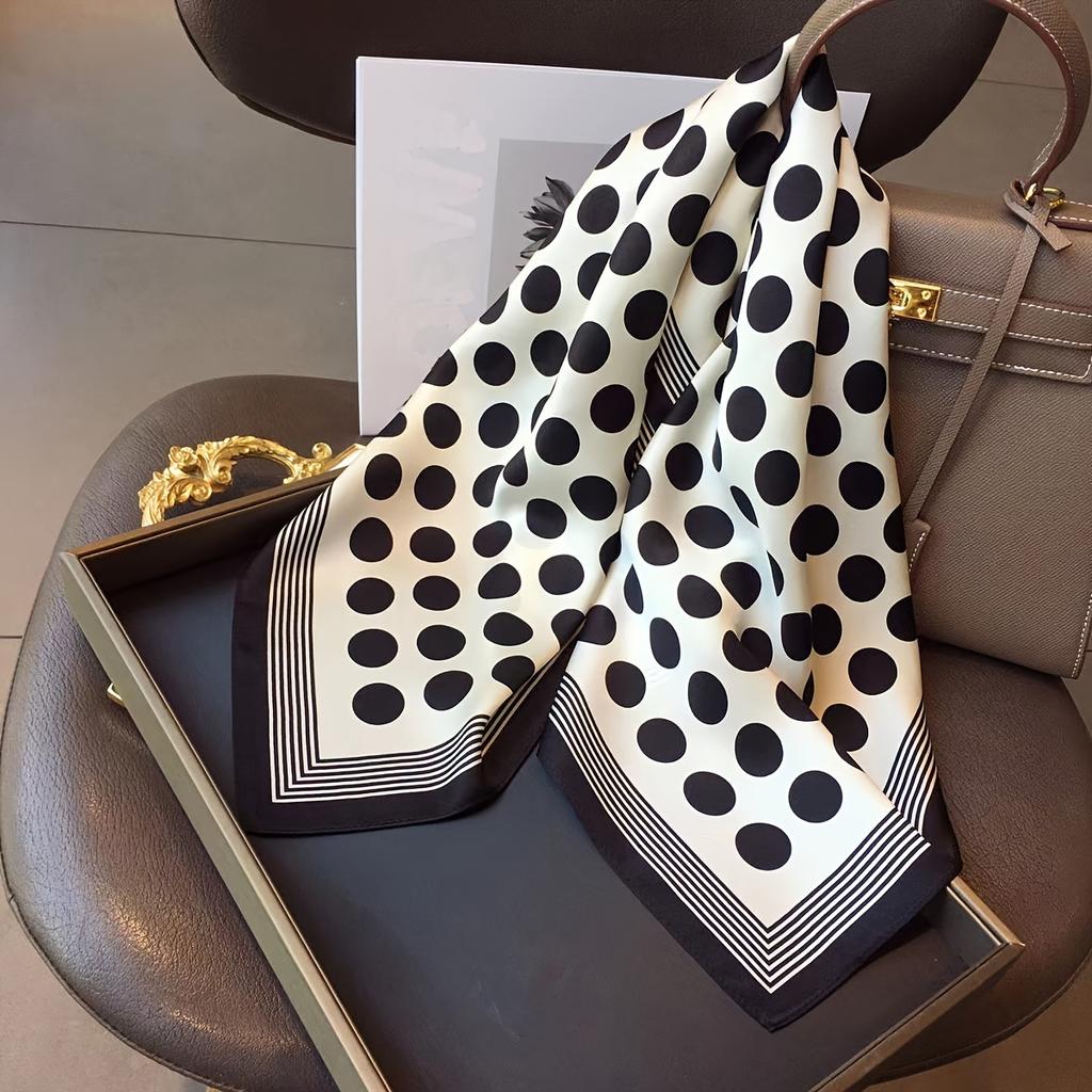 27" Black White Polka Dot Square Scarf Elegant Style Thin Silky Neck Scarf Casual Decorative Hairband For Women