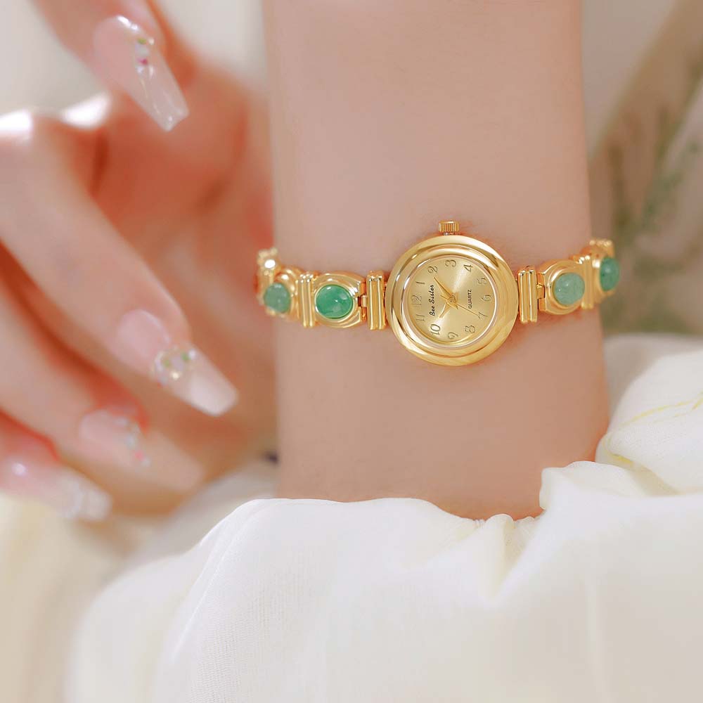 Vintage Kadın Saatleri Moda Doğal Yeşim Taşı Takılar Bilezikler Yüksek Kalite Altın Kol Saati Retro Kuvars Bayan Elbise Saatleri
