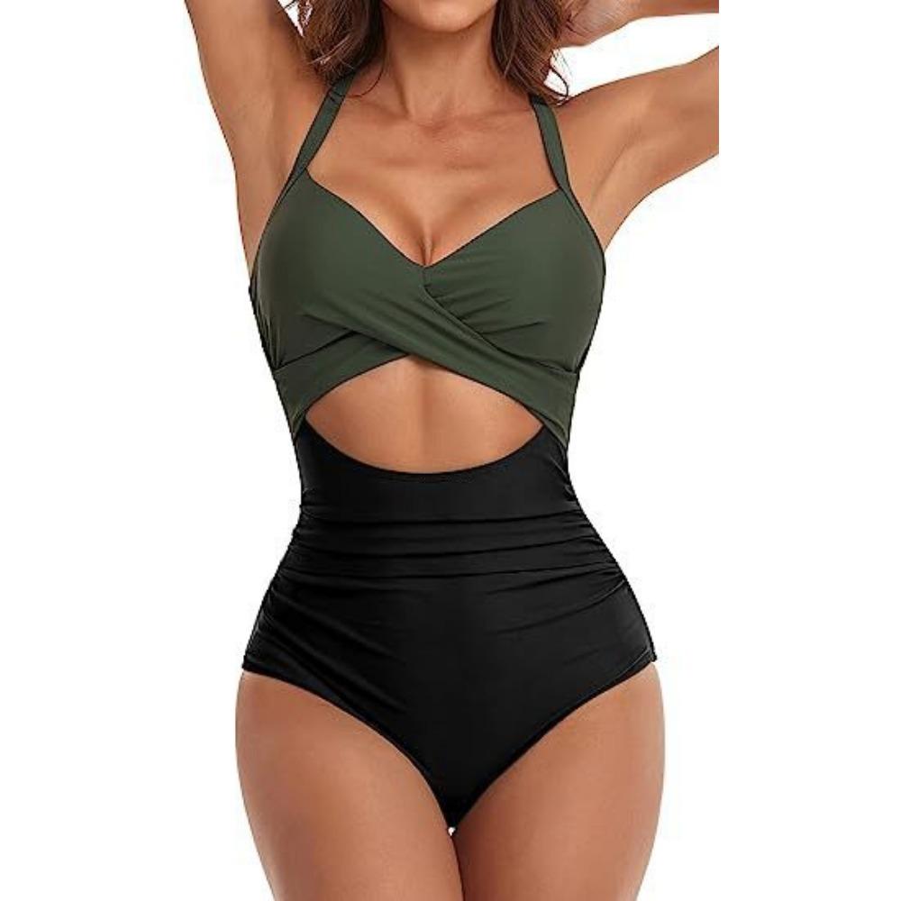 European and American One-piece Hard Bag Swimwear Hollow Solid Color High Waist Tight Swimsuit