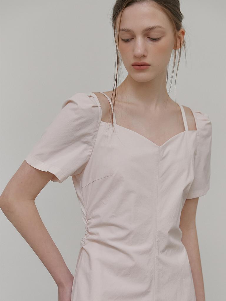 ETMON Heart Strap Shirring Dress, Pink
