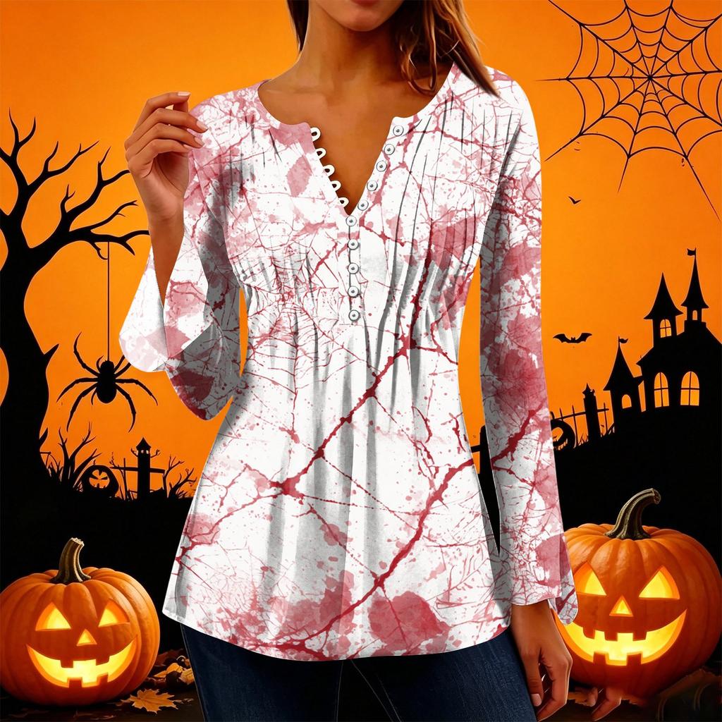 Women's Halloween Print V-Neck Long Sleeve T-Shirt with Sleeves and Pleated Button Front