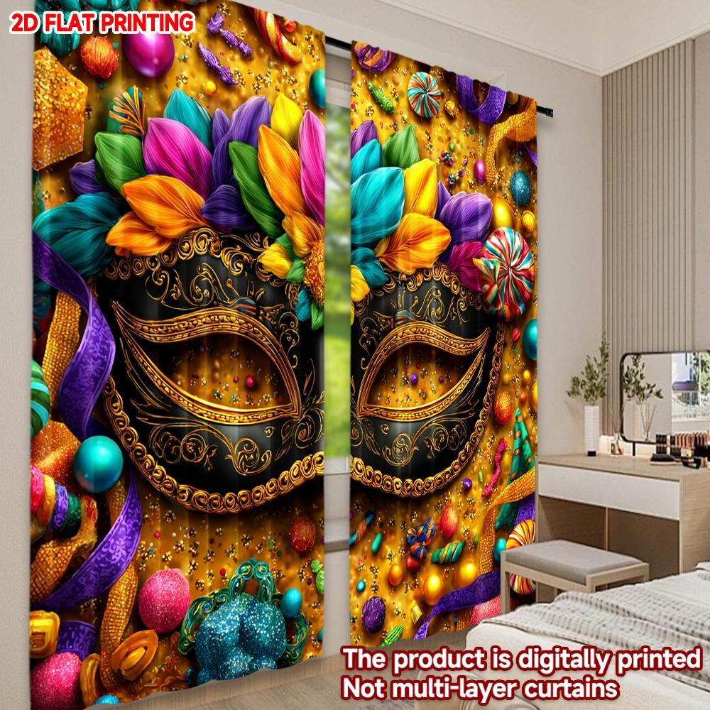 2D flat printing 2pcs Curtain Drapes Carnival Mask with Flowers Digital Printed Polyester Drapes Festive Curtains for New Year